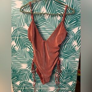 Blue Life Mermaid one piece side lace plunge v neck burnt orange s M